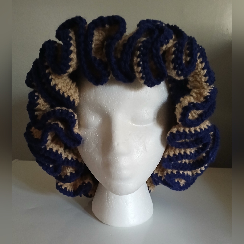 NWT Handcrafted Navy Blue and Tan Crochet Ruffle Hat.
